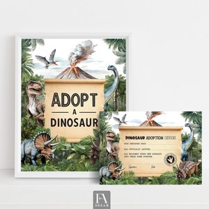May include: Adopt a Dinosaur printable sign with a jungle scene featuring a volcano, palm trees, and dinosaurs. The sign says "Adopt a Dinosaur" in black text on a brown scroll.