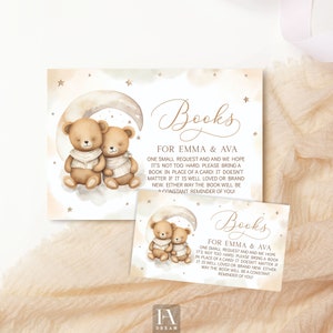 Editable Bear Baby Twin Shower Books for Baby Card Template, Bear Baby Book Request Insert Instant download