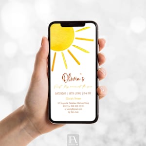 Electronic Sun Birthday Invitation, Sunshine Evite, First Birthday Evite, Girl sun Birthday Party Evite, Sun Party Invitation