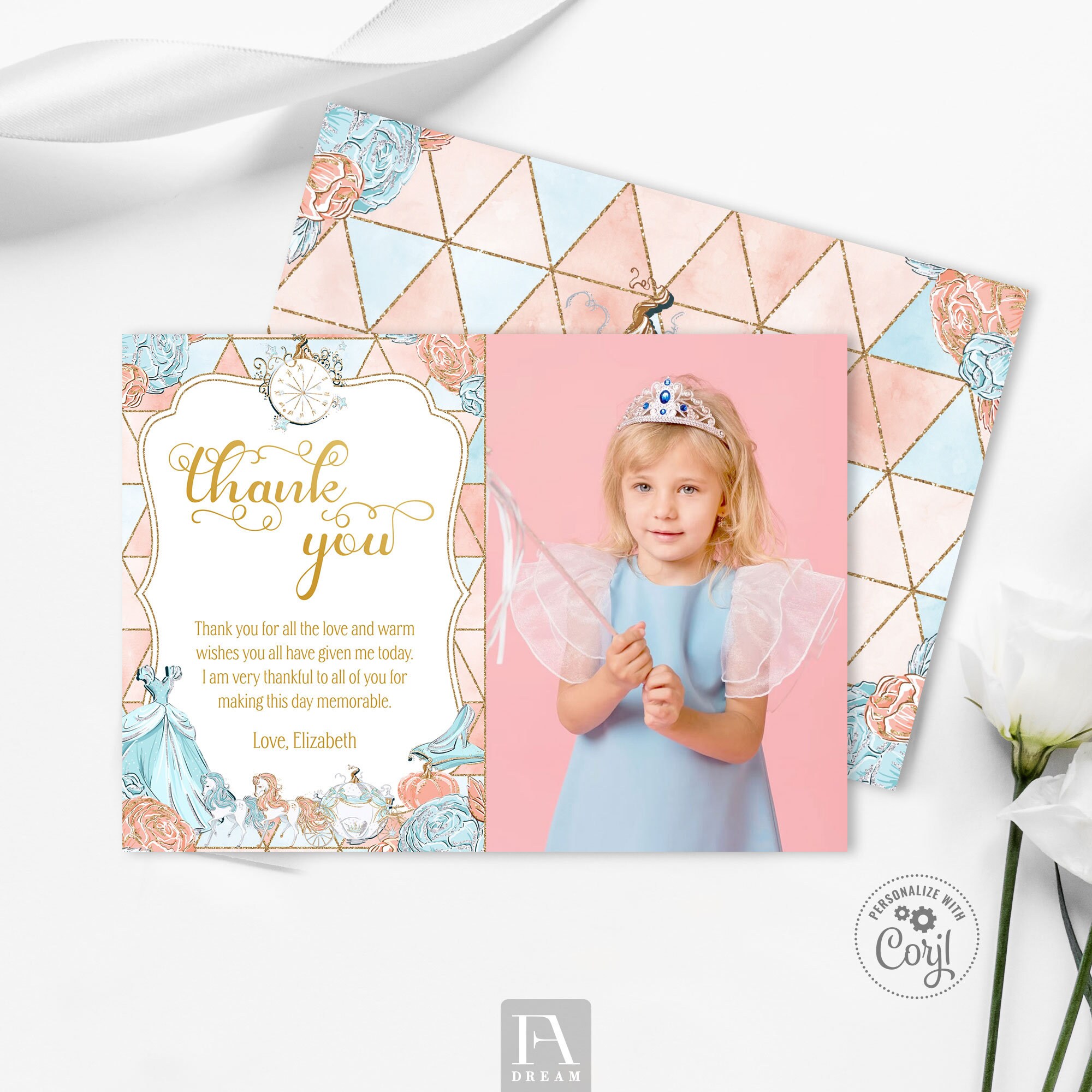 Editable Fairy Tale Thank You Card Template Cinderella Blue Etsy