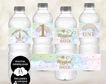 Unicorn water labels, Water bottle labels, Water bottle Labels with unicorn, 1st birthday party, Unicorn labels, magical, digital download