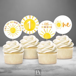 Sun Cupcake Topper Printable, Sunshine birthday party cake decoration prints instant download