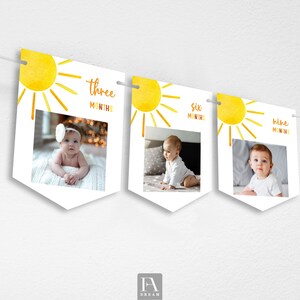 Editable Sun Monthly Banner with Photo, Little Sunshine Girl First 1st Birthday Party Decoration Template Printable Corjl