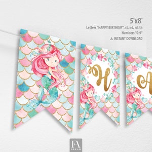 Mermaid Happy Birthday Banner, Mermaid Girl 1st Birthday Banner Decoration Printable Instant Download