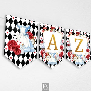 Alice Gold Alphabet A-Z Numbers Symbols Banner, Alice in Wonderland Party Decor, Alice Party Bunting Decoration Printable Instant Download