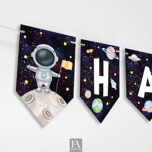 Outer Space Happy Birthday Banner, Space First Birthday Decoration Astronaut Galaxy Rocket Sun Party Printable Instant download