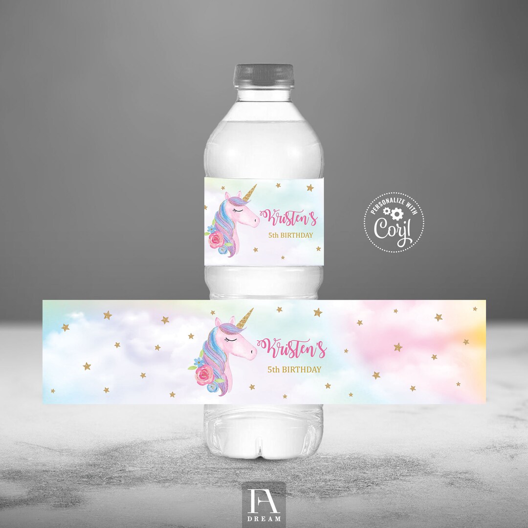 Unicorn Water Bottle Label Template, Unicorn Colorful Girl Birthday ...