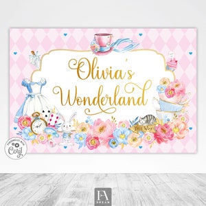 Alice in Wonderland Backdrop Banner, Alice in Onederland Girl 1st Birthday Mad Tea Party Decor Template Printable Instant Download