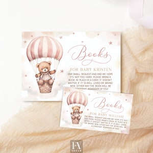 Editable Bear Baby Girl Shower Books for Baby Card Template, Bear Baby Book Request Insert Instant download