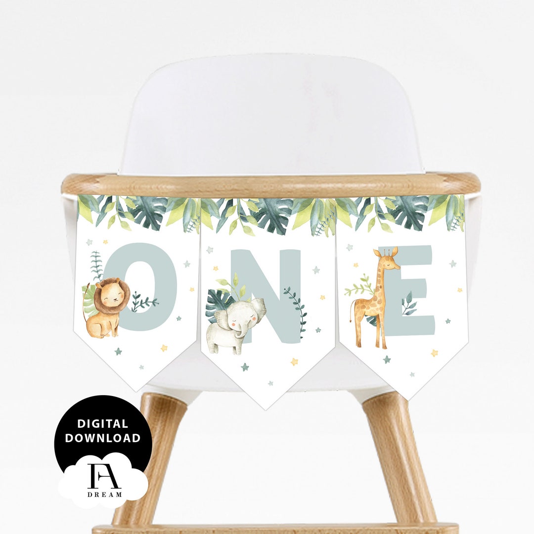 Safari Wild One Banner, Safari Animals Highchair Banner Flag Bunting ...