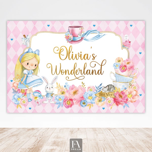Alice in Wonderland Backdrop Banner Alice in Onederland Girl 1st Birthday Mad Tea Party