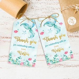 Mermaid Favor Tag Template, Under the Sea Birthday Party Thank You Gift Tag Stickers Template Printable instant download image 1