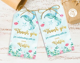 Mermaid Favor Tag Template, Under the Sea Birthday Party Thank You Gift Tag Stickers Template Printable instant download