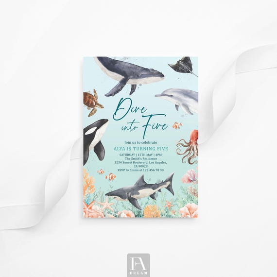 Dive into Five Birthday Invitation, Editable Under the Sea 5th Birthday Invite, Printable Ocean Theme Invitation, Instant Download