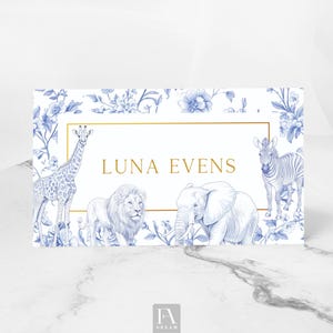 Blue Toile Safari Animals Place Card – Jungle Theme Printable Table Card, Safari Animal Baby Shower or Birthday Decor