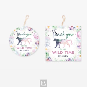 Editable wild animals jungle favor tag, cat jungle gift tag, safari thank you tag, jungle girl party tag, animal theme round tag