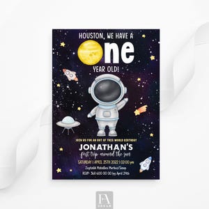 Outer Space First Birthday Invitation Planets Rocket Ship Astronaut Invitation Galaxy Space Houston We Have One Year Old Astronaut Invite