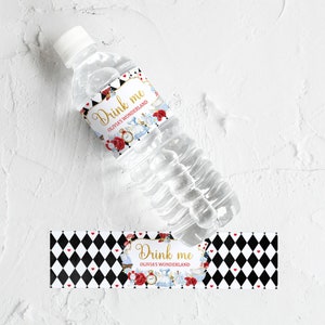 Editable Alice Water Bottle Label Template Alice in Wonderland Girl First 1st Birthday Party Table Decor printable instant download Corjl