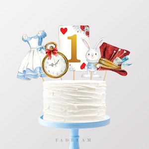 Alice in Onederland Centerpieces, Alice in Wonderland First 1st Birthday Tea Party Cake Toppers Instant Download