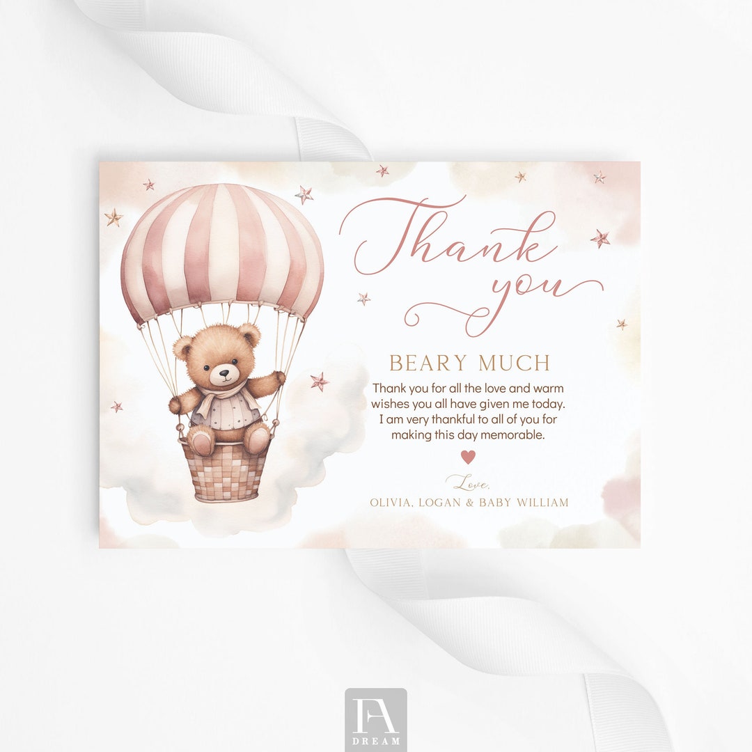 Editable Bear Baby Girl Shower Thank You Card Template, Baby Boy Pink ...