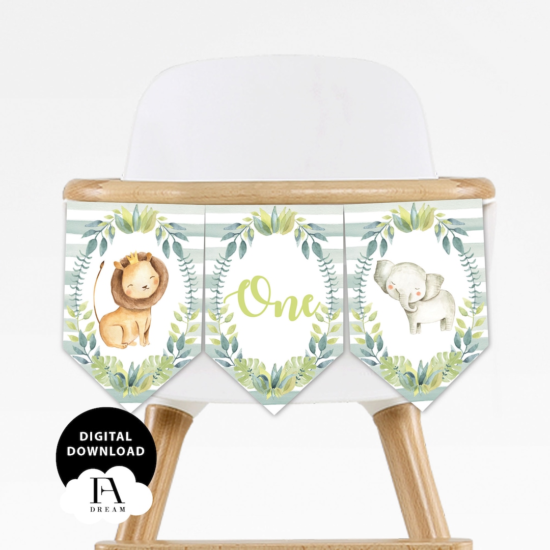 Safari Wild One Banner, Safari Animals Highchair Banner Flag Bunting ...