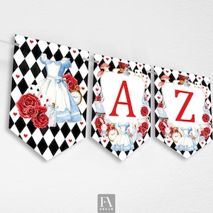 Alice Alphabet A-Z Numbers Symbols Banner, Alice in Wonderland Party Decor, Alice Party Bunting Decoration Printable Instant Download