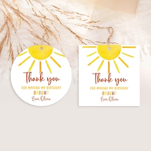 Editable Sun Favor Tags, Sunshine Gift Labels, Girl First Trip Birthday Party Thank You Tag Template Printable instant download Corjl