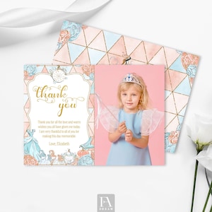 Editable Fairy Tale Thank You Card Template, Cinderella Blue Dress Birthday Party Thank You, Girl Birthday Thank You Card Printable Template