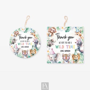 Editable jungle safari favor tag, wild animals gift tag, wild animal thank you tag, square jungle party tag, safari theme thank you decor