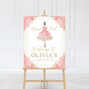 Editable Pink Ballerina Party Welcome Sign, Ballerina Girl Pink Gold Birthday Party Printable Decoration Table Sign Instant Download