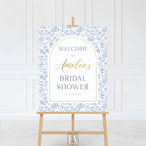Blue Toile Bridal Shower Welcome Sign – Elegant Printable Sign, Blue Floral Toile Theme, Wedding Shower Party Decor