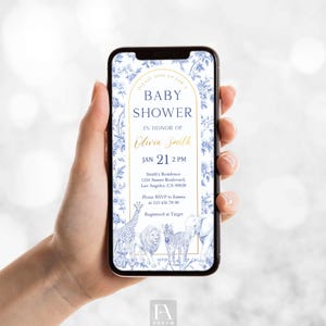 Blue Toile Safari Animals Baby Shower Evite – Digital Jungle Invitation for Boys, Elephant & Giraffe Virtual Invite