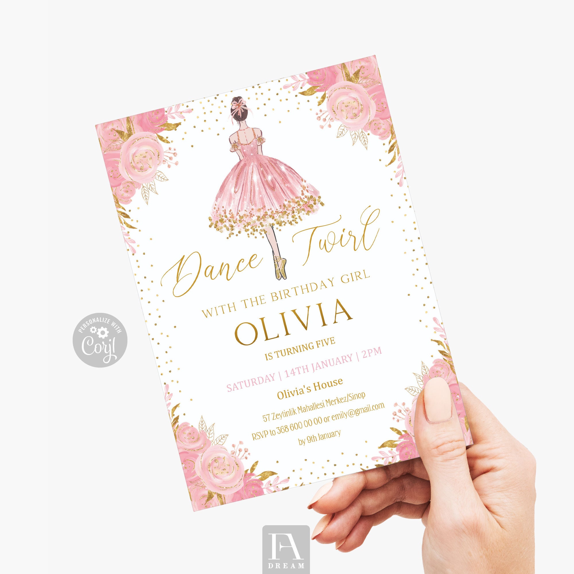 Ballerina Birthday Invitation Template, Pink Gold Ballerina Birthday