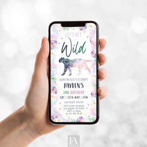 Editable let's get wild animals cat jungle evite, customizable jungle theme invitation, safari birthday evite, animal party digital card
