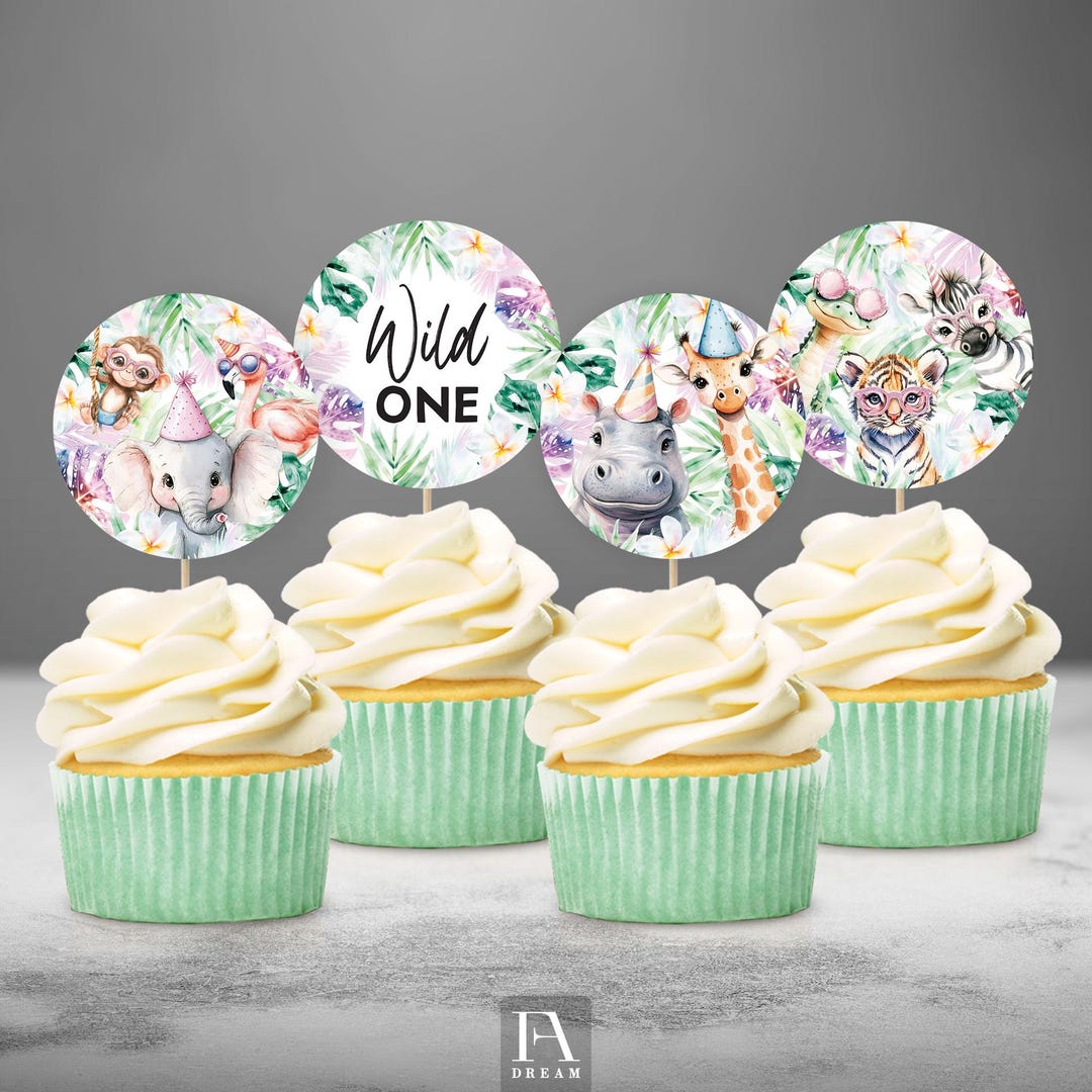 Wild One Cupcake Topper, Safari 1st Birthday Decor, Jungle Animals Cake ...