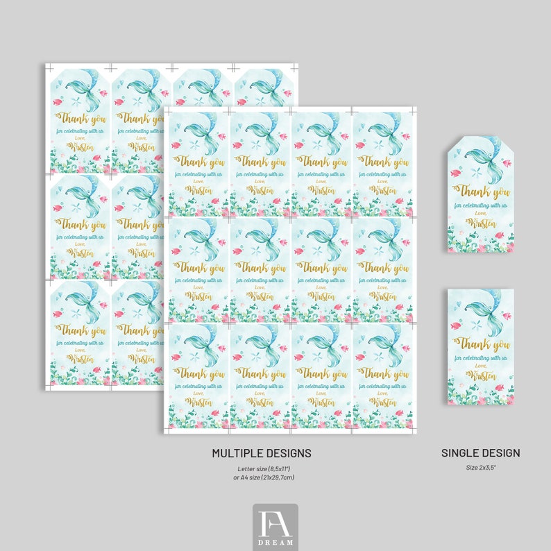 Mermaid Favor Tag Template, Under the Sea Birthday Party Thank You Gift Tag Stickers Template Printable instant download image 4