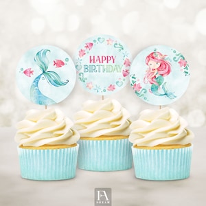 Mermaid Cupcake Topper Printable, Under the Sea birthday party decoration printables instant download