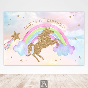 Unicorn backdrop, Unicorn glitter horse backdrop banner, Unicorn 1st birthday party backdrop banner wall decor instant download Corjl