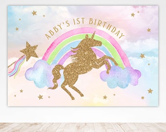 Unicorn backdrop, Unicorn glitter horse backdrop banner, Unicorn 1st birthday party backdrop banner wall decor instant download Corjl