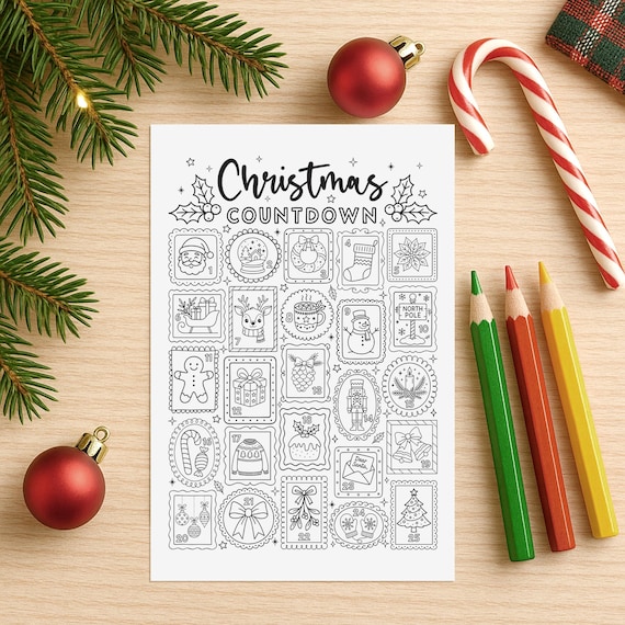 Christmas Countdown Coloring Page – Advent Calendar Printable for Kids – Holiday Activity Poster – Digital Download