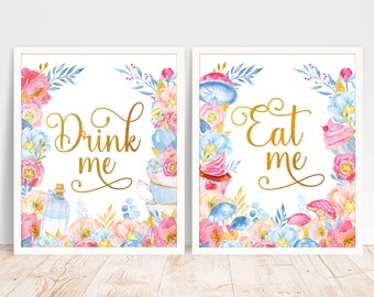 Alice in Wonderland Party Drink Me Eat Me Signs Alice Mad Tea Party Onederland 1st Birthday Food Table Decorations Instant Download