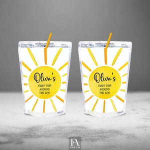 Editable Sun Capri Sun Labels,  First 1st birthday party juice labels, First Trip Around the Sun Party Printable Template