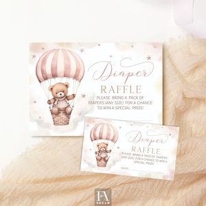 Editable Bear Baby Girl Shower Diaper Ruffle Insert Card Template, Bear Baby Pink Diaper Raffle Ticket Instant download