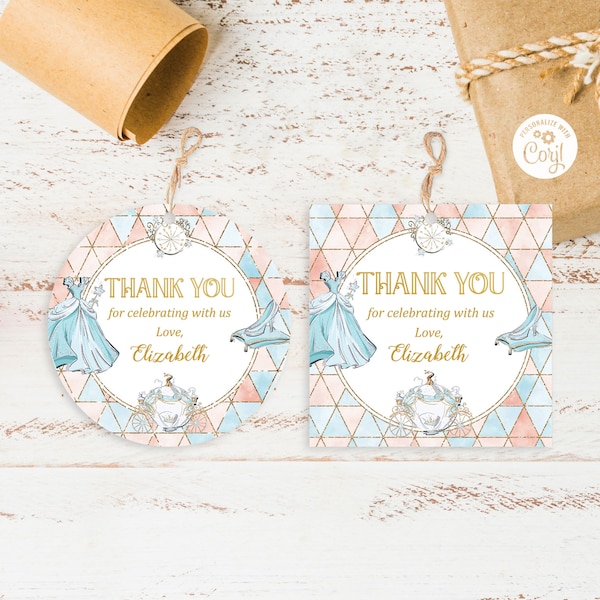 Fairy Tale Favor Tag Template, Cinderella Birthday Party Thank You Gift Tag Princess Round Square Sticker Printable instant download