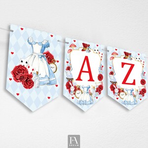 Alice Red Alphabet A-Z Numbers Symbols Banner, Alice in Wonderland Blue Party Bunting Decoration Printable Instant Download