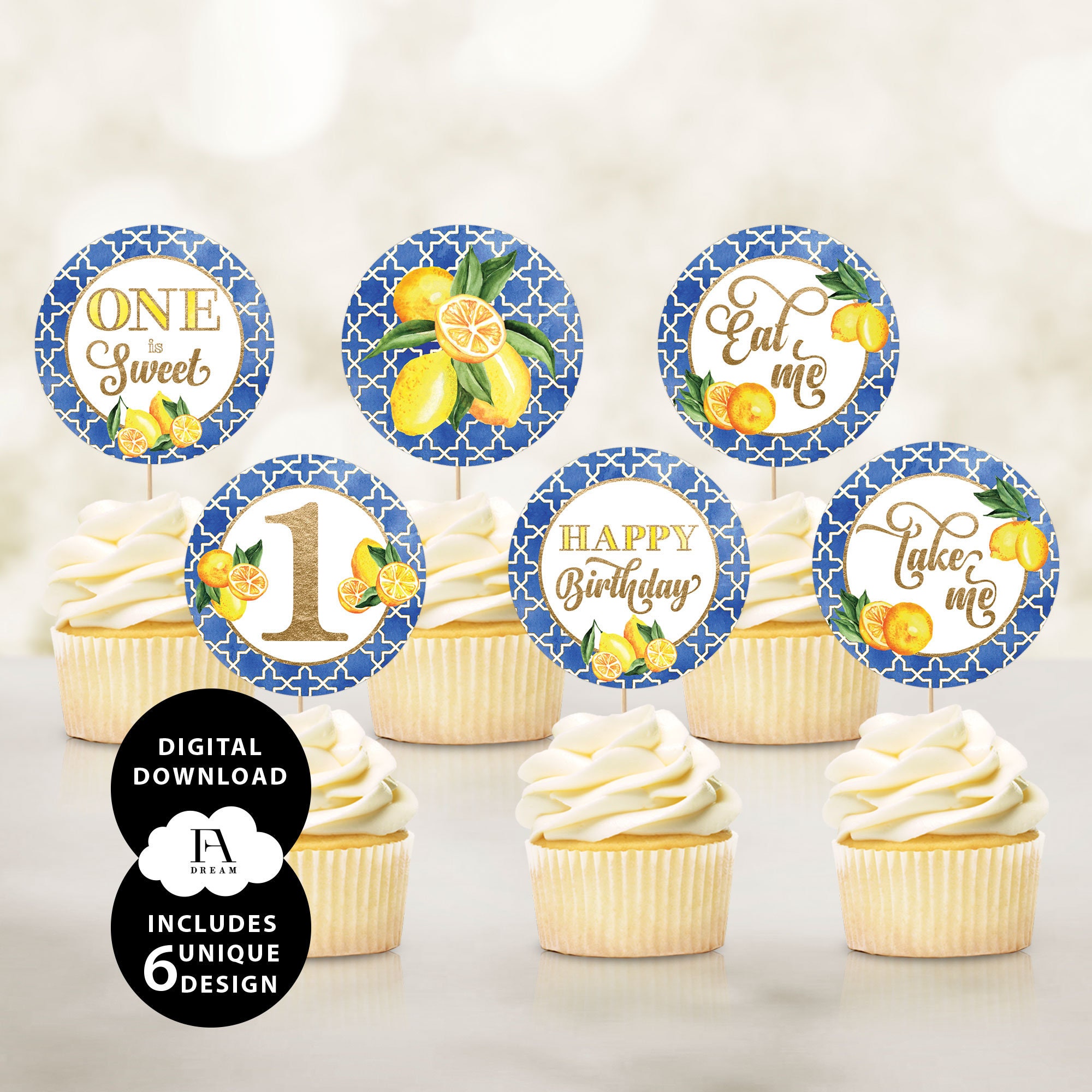 Lemon Printable Cupcake Toppers Lemon Cupcake Toppers 1st Etsy