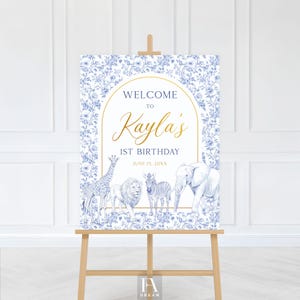 Blue Toile Safari Animals Welcome Sign – Jungle Party Printable Decor, Elephant & Giraffe Sign for Safari Birthday or Shower
