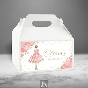 Ballerina Gable Box Label Template, Editable Ballerina Pink Gold Girl Birthday Party Favor Box Table Decor printable instant download Corjl