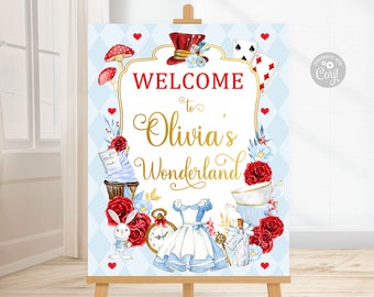 Editable Alice in wonderland birthday welcome sign, Alice blue welcome sign template printable tea party decoration instant download