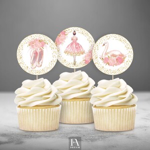 Pink Gold Ballerina Cupcake Topper Printable, Ballerina birthday party decoration printables instant download